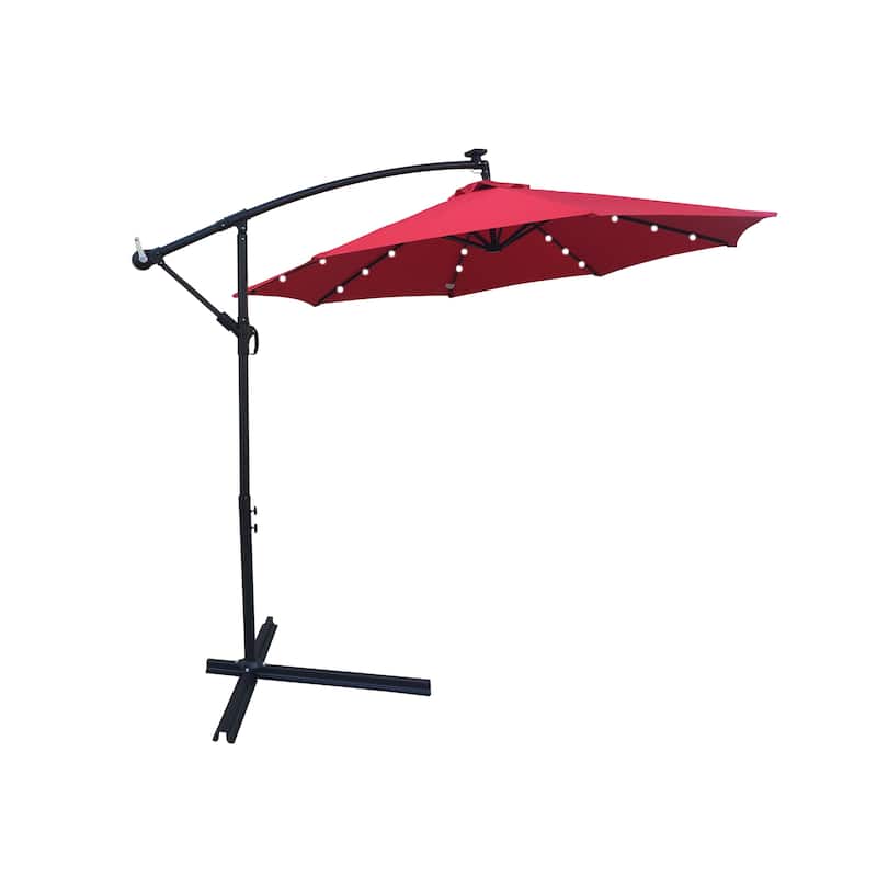 Outdoor Patio Umbrella Solar Powered LED Lighted Sun Shade Market Waterproof 8 Ribs Umbrella with Crank and Cross Base