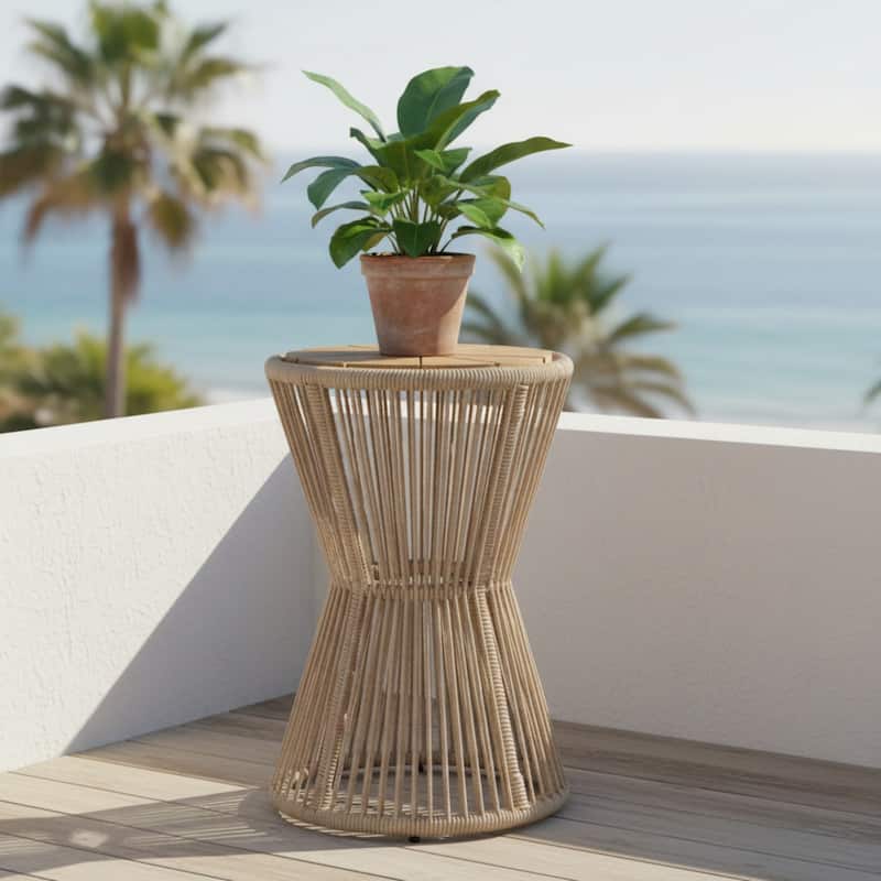Roomfitters 25.8" Outdoor Side Table Modern Woven Rope Hourglass Patio Accent Table with Teak Wood Finish Top