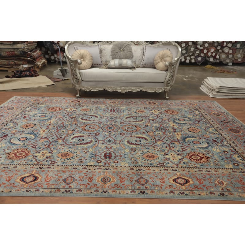 Hand Knotted Traditional Wool Blue Geometric Area Rug - 12' 1'' X 9' 3''