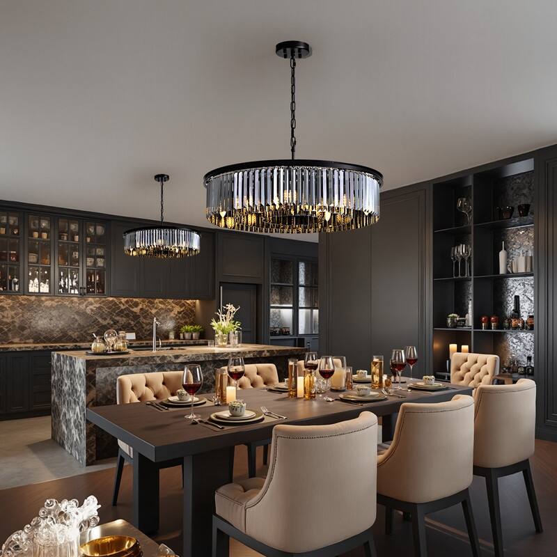 30-inch Smoky Gray Round Chandelier 2-Tier Modern Crystal Chandelier Kitchen Island Pendant Light for Dining Room Bedroom