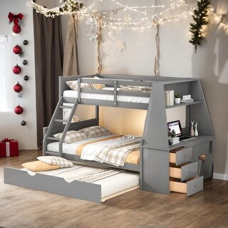 Twin over Full Bunk Bed with Trundle, Built-in Desk, Storage Drawers & Shelf in Gray - Perfect for Sleepovers
