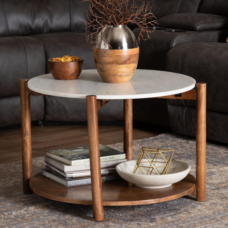 Quindalyn Round Marble Coffee Table - Modern Accent Table with Mango Wood Frame and Open Shelf Storage