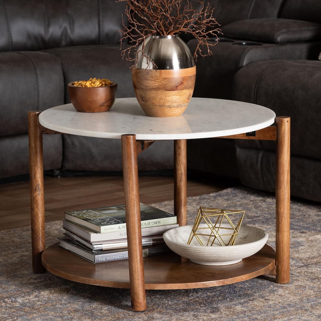 Quindalyn Round Marble Coffee Table - Modern Accent Table with Mango Wood Frame and Open Shelf Storage