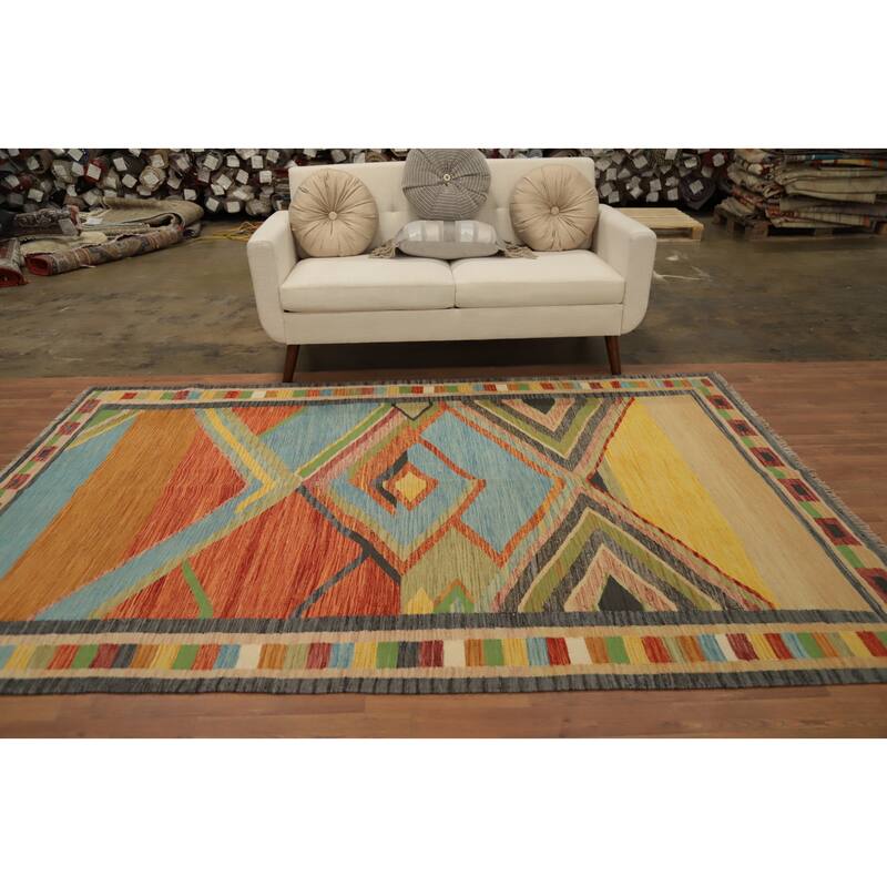 Hand Woven Oriental 100% Wool Carpet Southwestern Tribal Multi-Colored Kilim Area Rug - 8' 10'' X 5' 10''