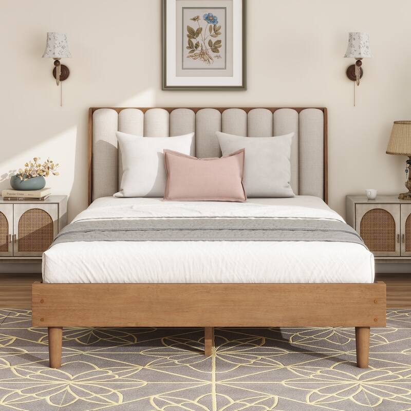 Queen Size Wood Bed with Piano Key Style Upholstered Headboard