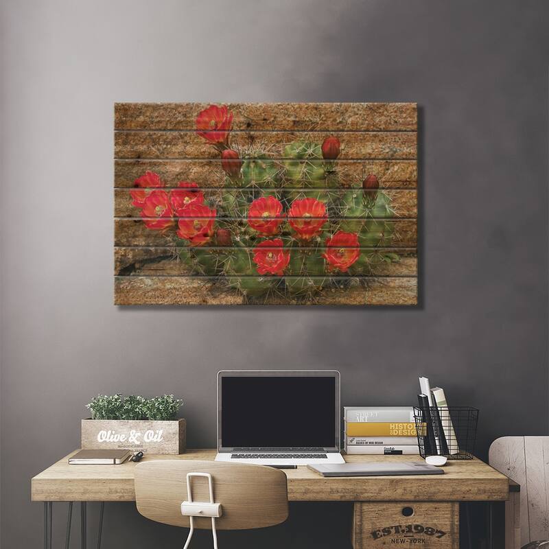 Claret Cup Cactus Flowering, Utah Print On Wood by Tim Fitzharris - Multi-Color