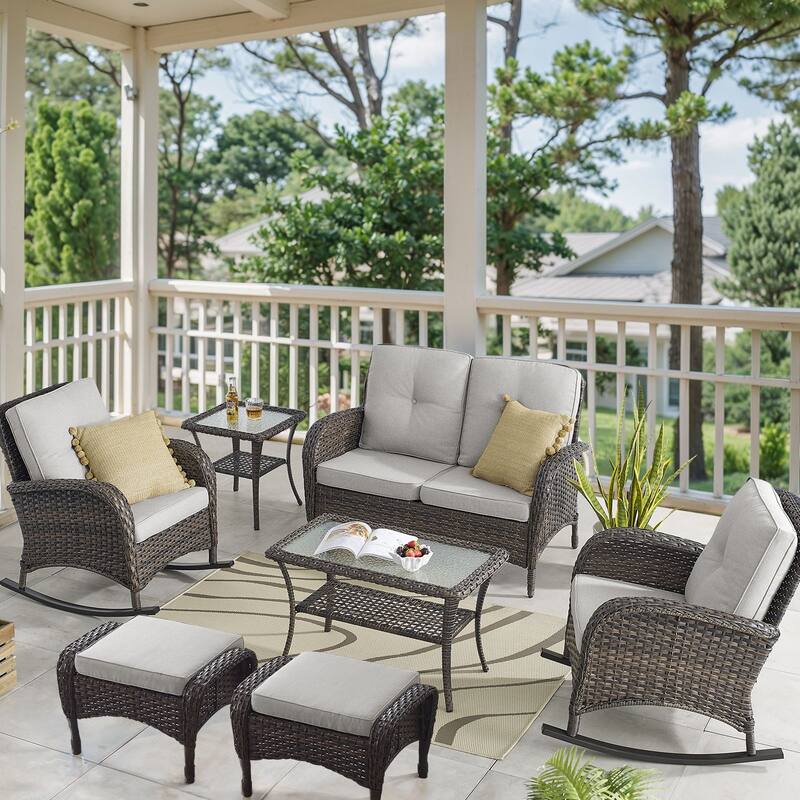 Outdoor Rocker Chair with Loveseat Table Ottomans - Brown - Beige