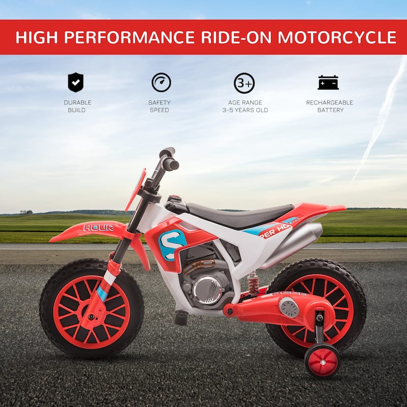 12V Electric Bicycle with Rear Wheel Drive, Red Ride on Motor Vehicle Toy, Battery Powered Electric Vehicle with Training Wheels