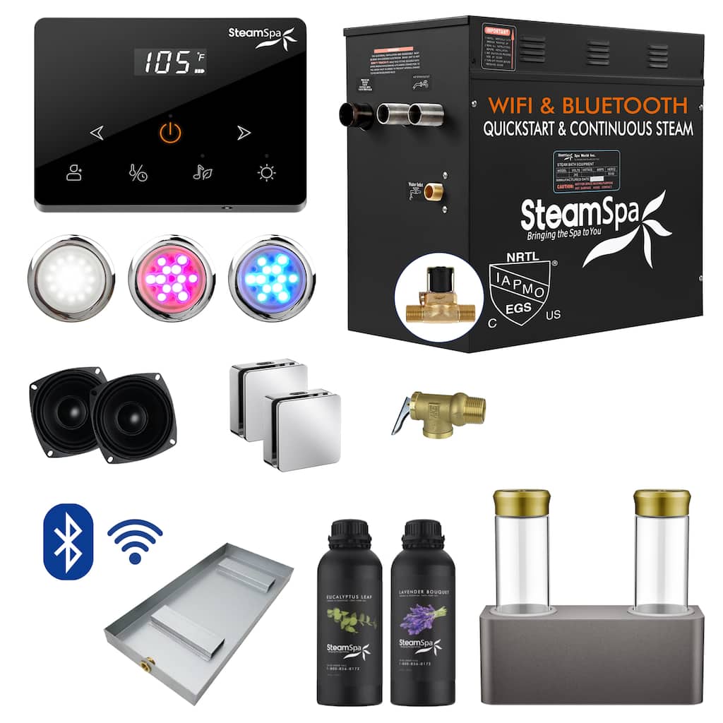 Black Series 12kw Steam Bath Generator with Wireless Remote, Bluetooth, WIFI, and Dual Aroma Pump - 12 KW