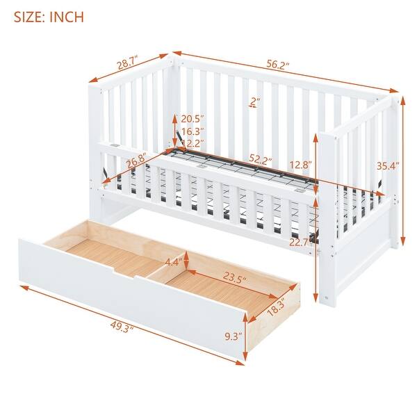 dimension image slide 1 of 5, 2-in-1 Convertible Crib, Full Size Bed Frame with Drawers and 3 Height Options, Modern Baby Crib Toddler Bed with Guard Rail