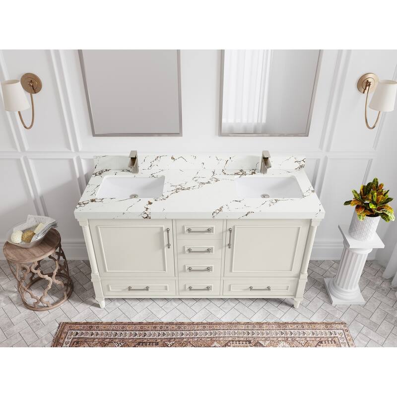 Willow Collections 60 in. W x 22 in. D Aberdeen Double Sink Bathroom Vanity with Countertop - 2" Viola Brown - Ivory