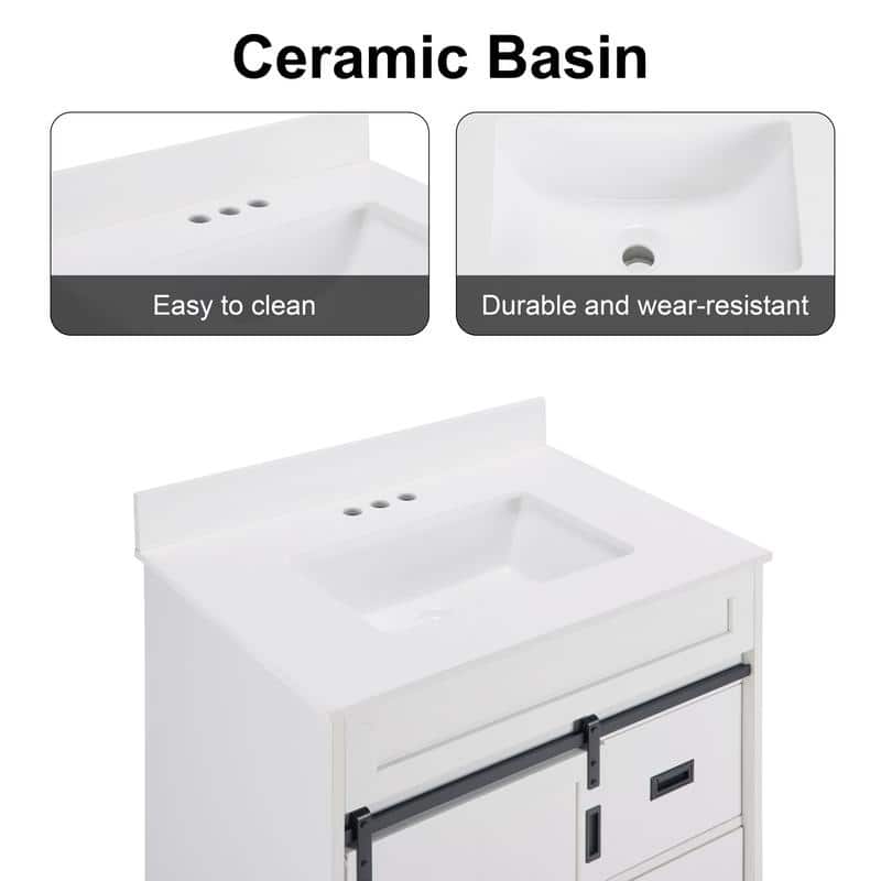 Freestanding White Farmhouse Bathroom Vanity Featuring A Single Undermount Sink Combo,Sliding Barn Doors,And Two Storage Drawers