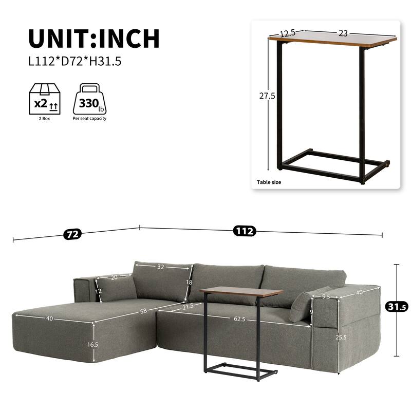 112" Grayish Green Boucle Modular Sofa, Compressed, No Assembly, Free Side Table & 2 Pillows