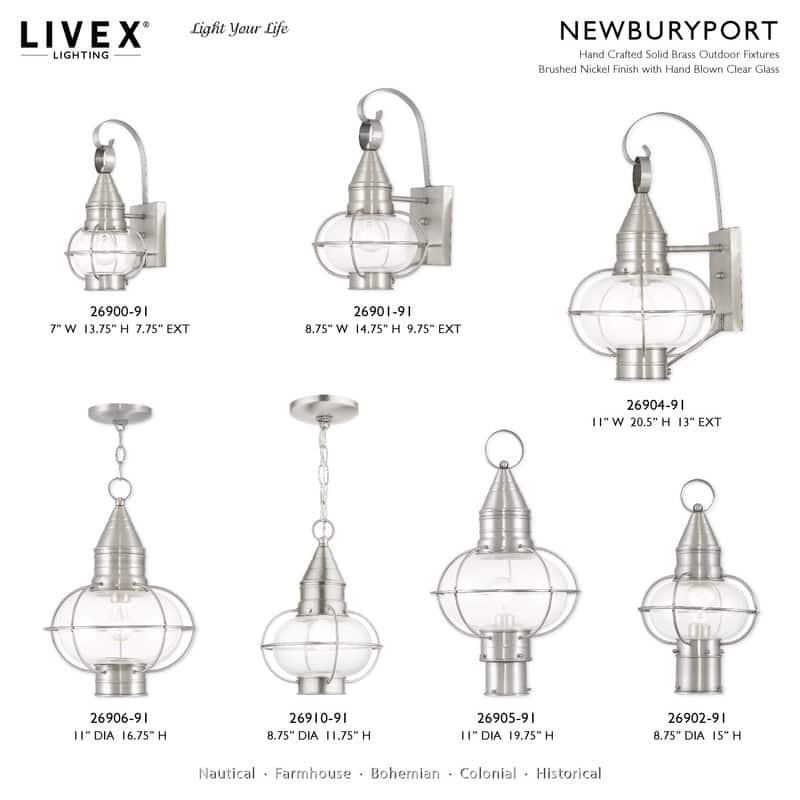 Livex Lighting 1-light Brushed Nickel Outdoor Post Lantern, 26905-91 - 11" DIA X 19.75" H