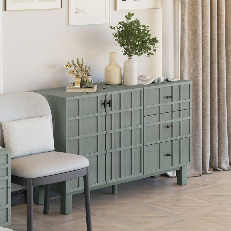 COZAYH Minimalist Sideboard Buffet Cabinet with 2 Doors & 3 Drawers, Modern Grid Carved Pine Front Storage Cabinet