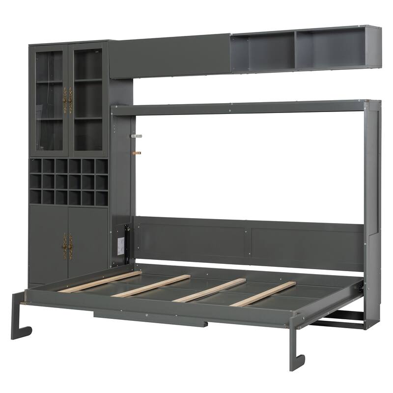 Space-Saving Full Size Murphy Bed with Sofa, Shelves, USB & Light in Gray