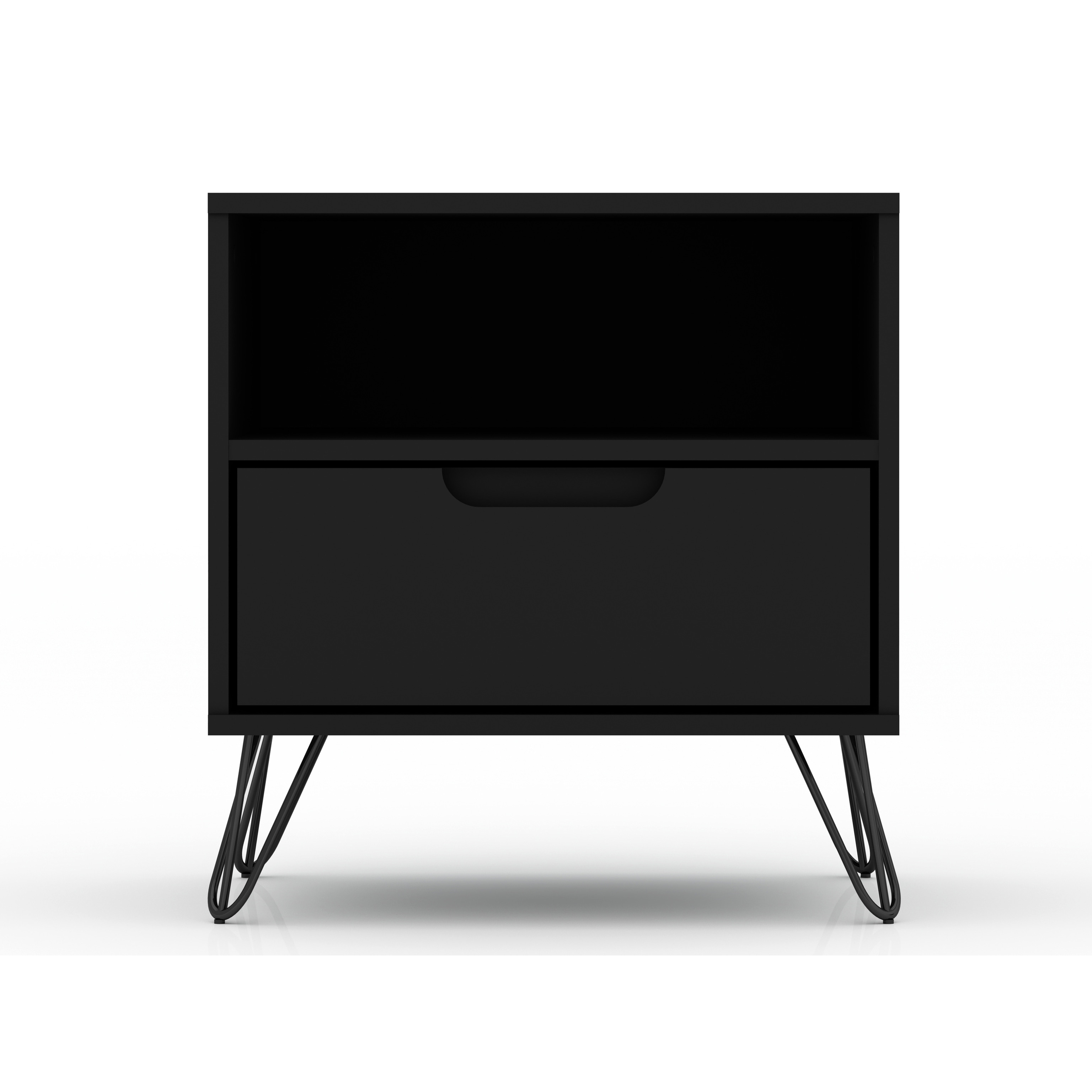 Mid-Century Modern Nightstand with One Drawer and Open Shelf, Metal Wire Legs, Home Assembly - Black