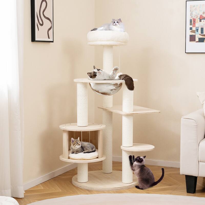 Natural Wooden Cat Tree Tower with Condo Perch Space Capsule and Scratching Posts 52 Inch