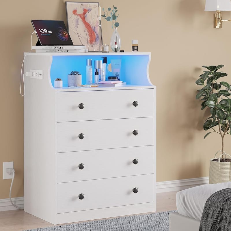 Dresser Charging Station 4 Drawers LED Dresser for Bedroom - White