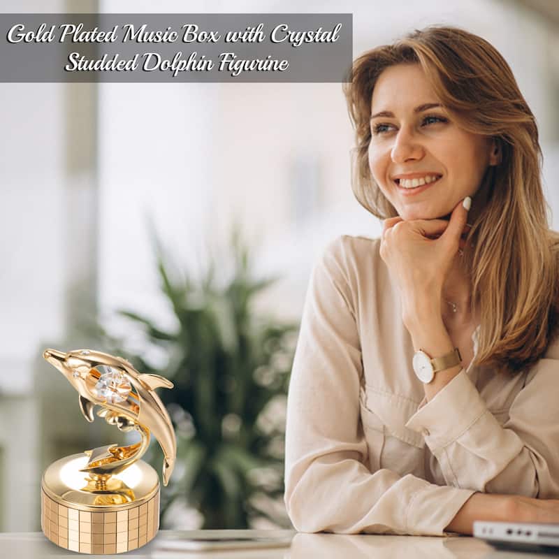 Matashi Decorative Tabletop Showpiece 24K Gold Plated Music Box plays -" You Are my Sunshine" w Dolphin Figurine