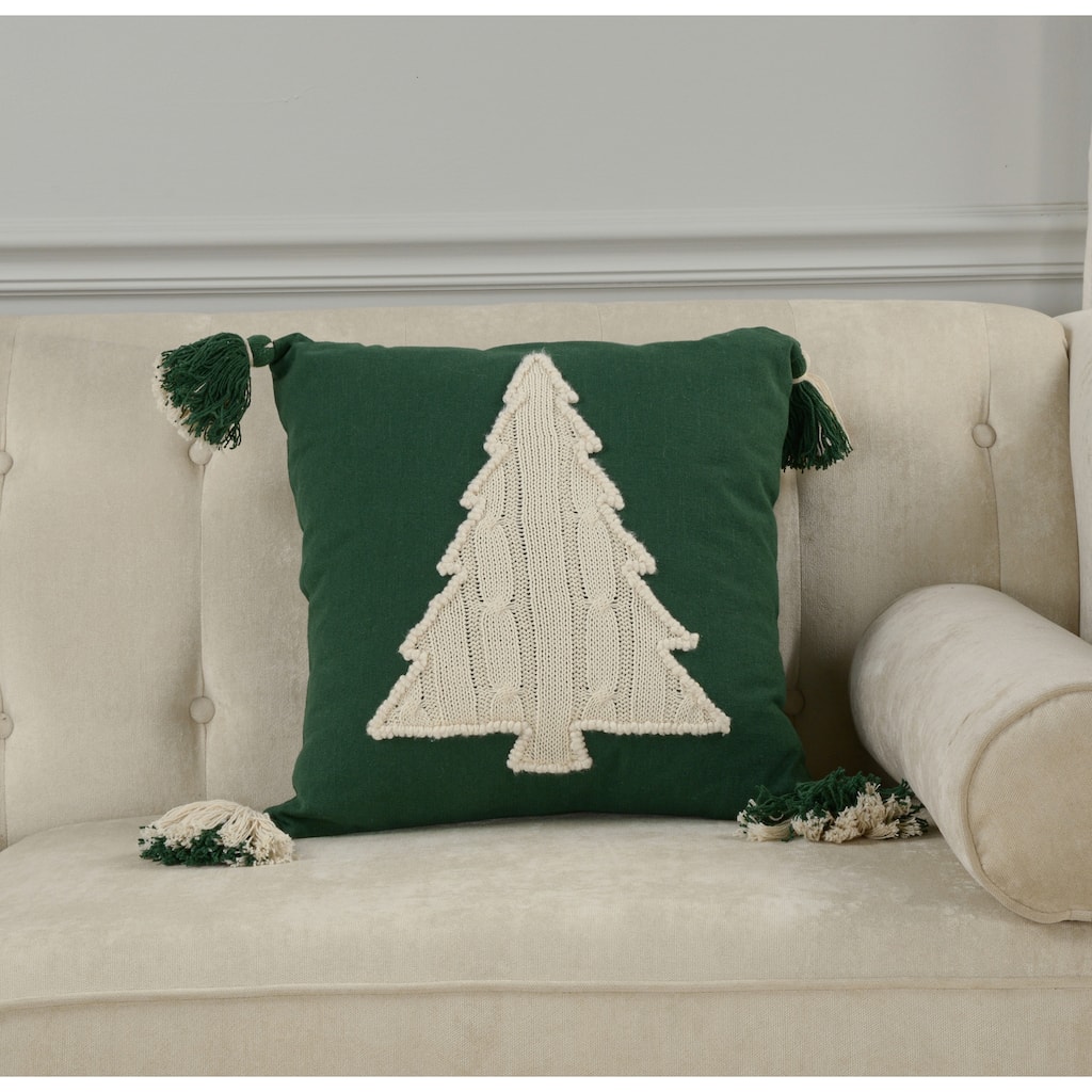 Rizzy Home Sweater Knit Green/Cream Tree Holiday Throw Pillow