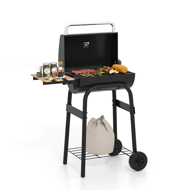 Costway Barrel Charcoal Grill with Foldable Side Table Built-in - See Details - as pic shows - Stainless Steel
