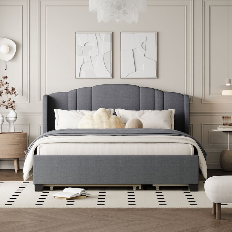 Upholstered Platform Bed with Wingback Headboard