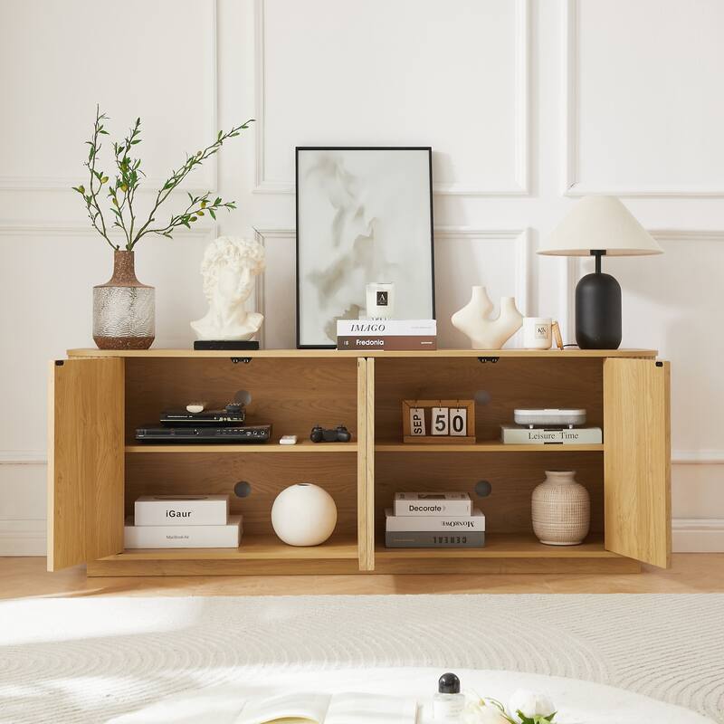 Wave Pattern Storage Cabinet, Stylish Wooden Sideboard with Pressed Spring Door