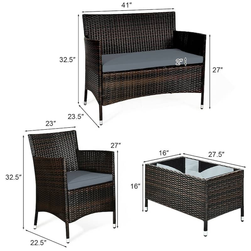 Rattan Patio Conversation Furniture Set with Glass Table and Comfortable Sofa - 4 Pcs