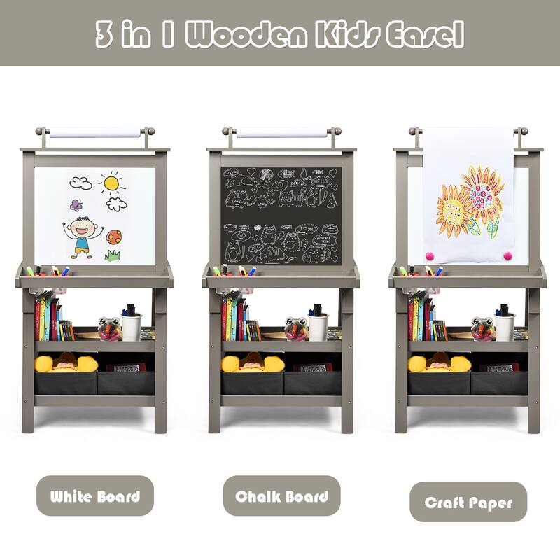 Grey 3-in-1 Kids Art Easel with Double-Sided Blackboard Whiteboard Paper Roll and Storage - 23.5" x 19.5" x 46" (L x W x H)