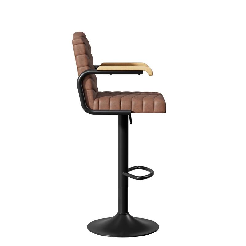 Javlergo 2-Piece & 4-Piece Adjustable Height Bar Stools Brown PU Leather with Armrests Arc Footrest Base for Kitchen or Bar