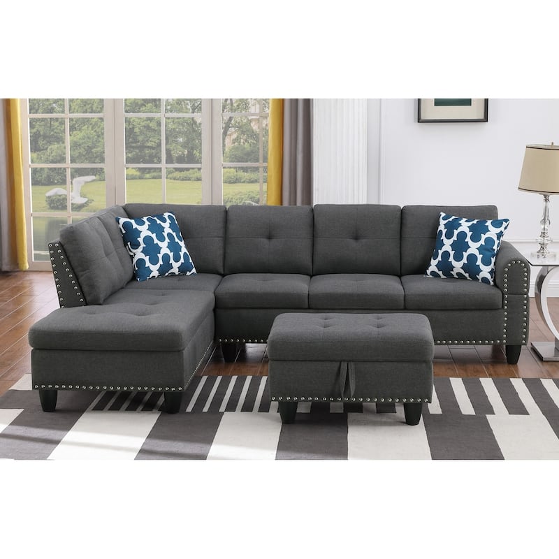 4-piece Modular Sectional Sofa with Storage Ottoman and Pillows - Dark Grey