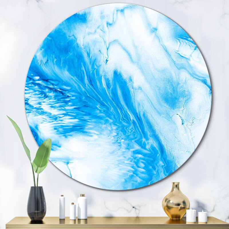 Designart 'Blue And White Liquid Art Waves V' Modern Metal Circle Wall Art - 36x36 - Disc of 36 Inch
