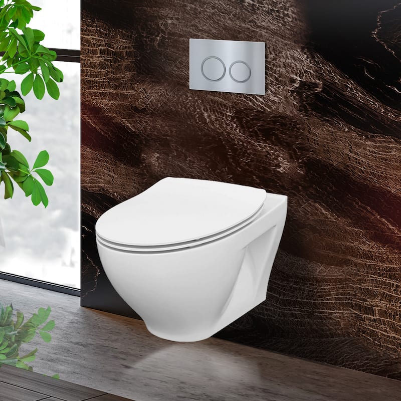 Toilet Combo Set - 20" Toilet Bowl With Soft-Close Seat, 2"x 6" Concealed Tank/Carrier System, Push Buttons Included. - Chrome Round - Push Plates (Plastic)