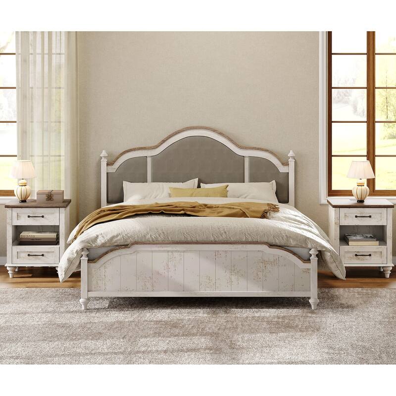 Farmhouse Nightstand Bedside Table, Wood 2-Drawer Side Table