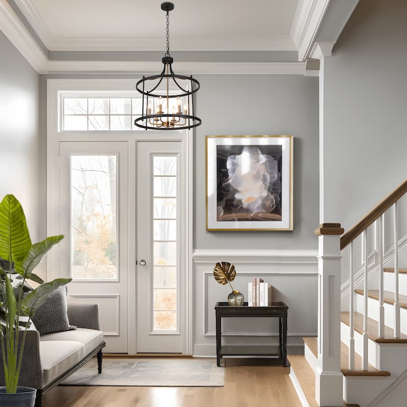 Modern 6-Light Drum Chandelier Black Gold Lantern Pendant for Dining Room Foyer - 21.5'' D x 27'' H