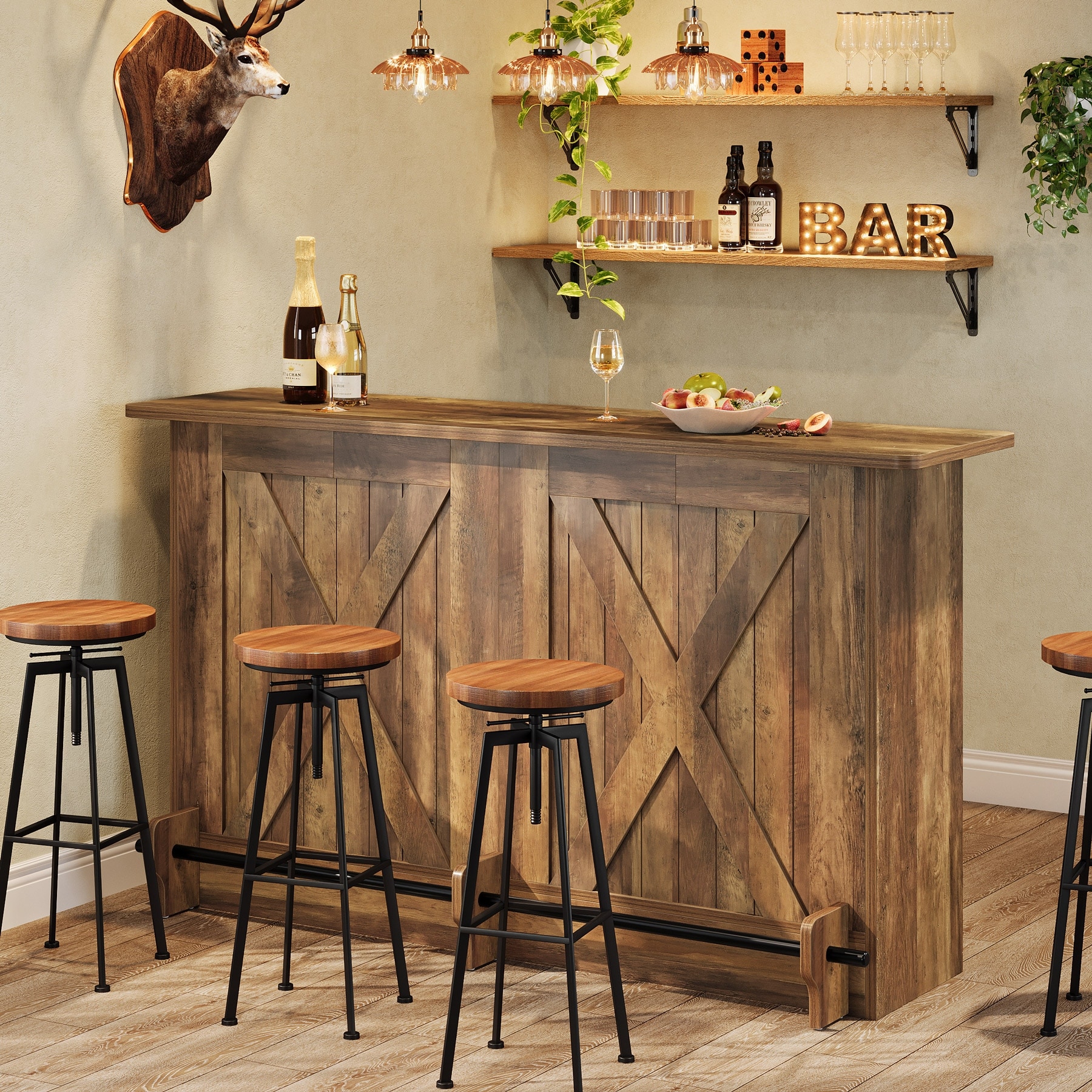 2-Tier Bar Table with Footres, Rustic Brown Bar Cabinet Height Pub - N/A