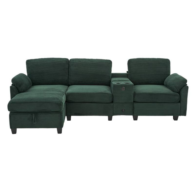 HOMEFUN Corduroy Upholstered L-Shaped 4-seater Storage Multifunctional Sectional Sofa with Storage Ottoman,Cup Holder and USB