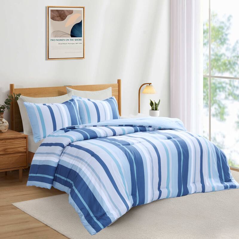 Year-Round Printed Stripe Microfiber Comforter Set - Blue - King