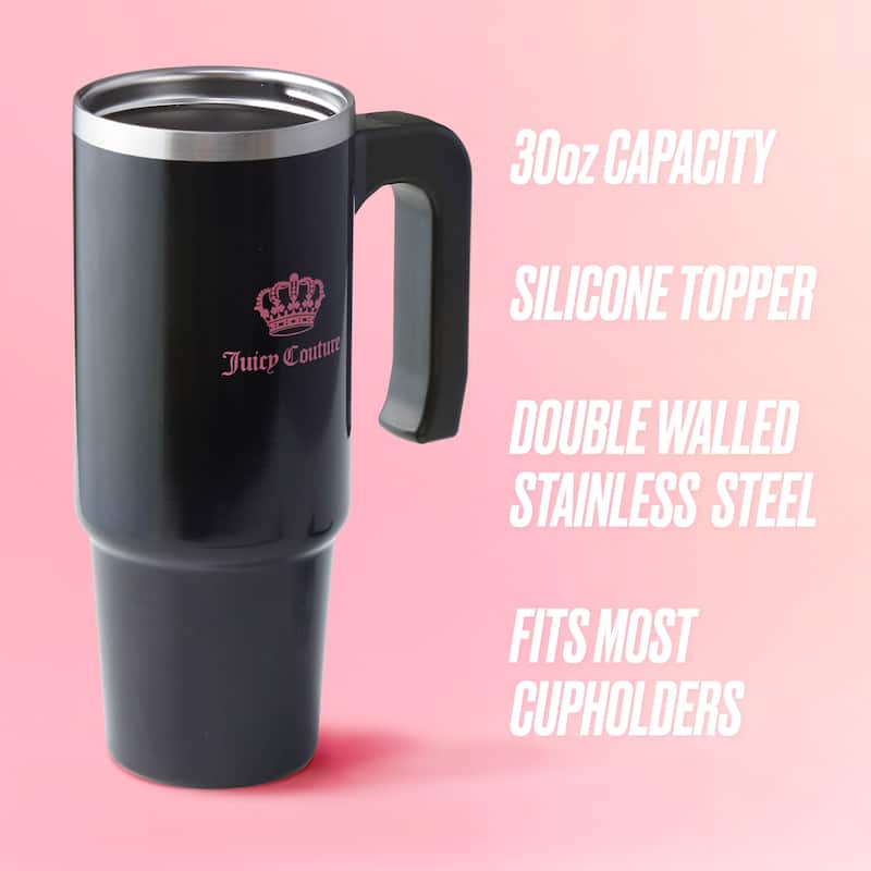 Juicy Couture Jetsetter Hydration Stainless Steel Tumbler with Handle, Straw & Topper with Velour Crossbody Pouch