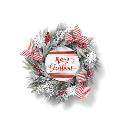 24 in Flocked Merry Christmas Wreath with Snowflakes - N/A