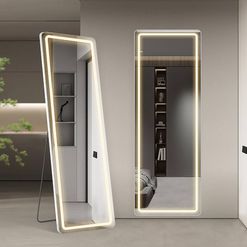 Floor Mirror with LED Light, 64" x 21" Full Length Mirror with Stand, Hanging Mirror Wall Mounted Mirror Full Body Mirror