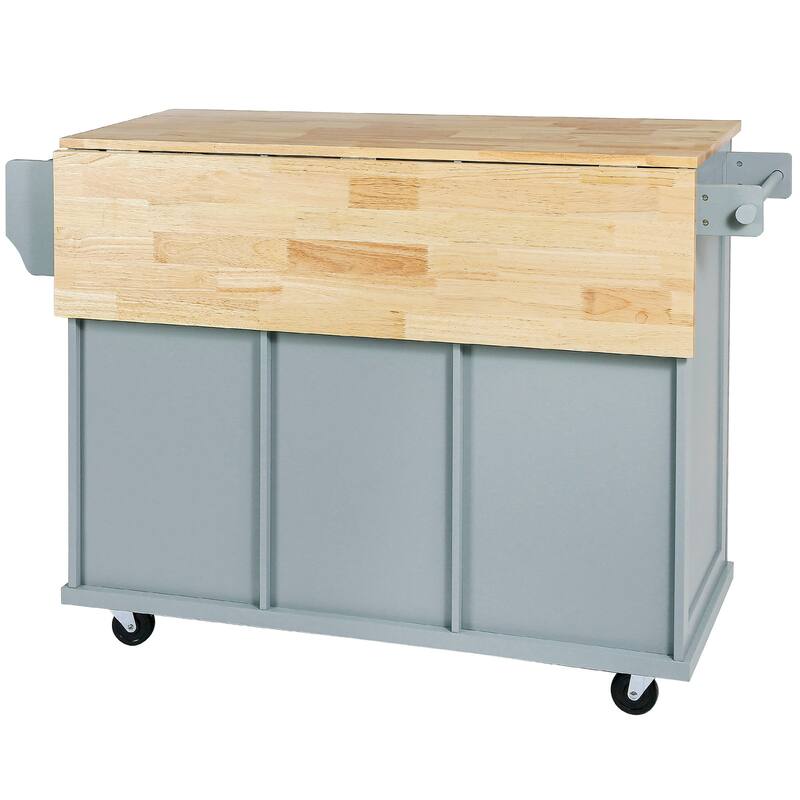 53.10 '' Rubberwood Kitchen Cart with Drop-Leaf, Adjustable Shelf, Rolling Wheels, and 3 Drawers - 53.1'' x 29.5'' x 37.2''
