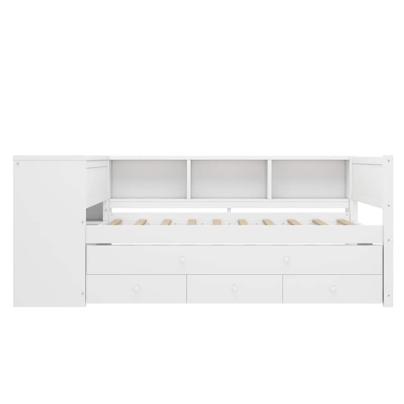Full Size Wood Daybed with Trundle, Storage Drawers, Side Shelves, and Desk, White