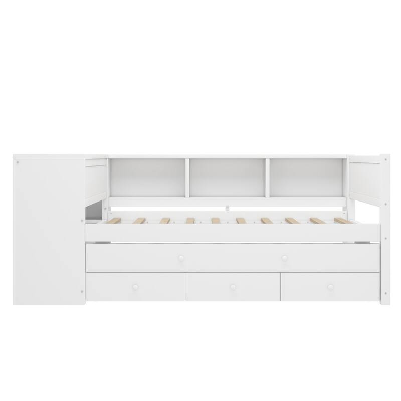 Roomfitters Twin/Full Size Wood Daybed with Trundle, Storage Drawers, Side Shelves & Built-in Desk, No Box Spring Needed