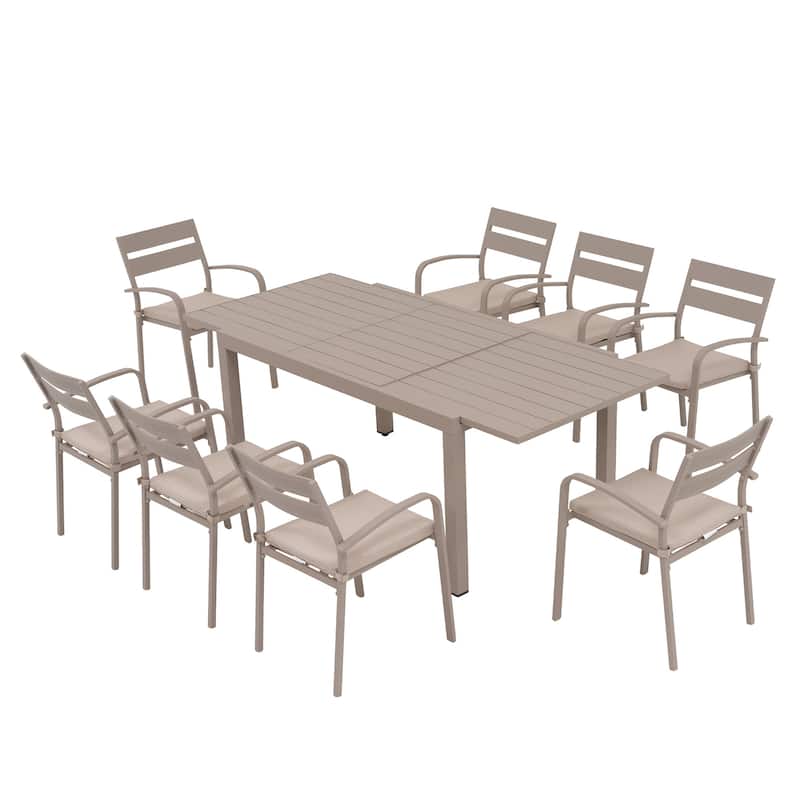 Outdoor 9-piece Aluminum Dining Set Stackable Chairs and Extendable Table