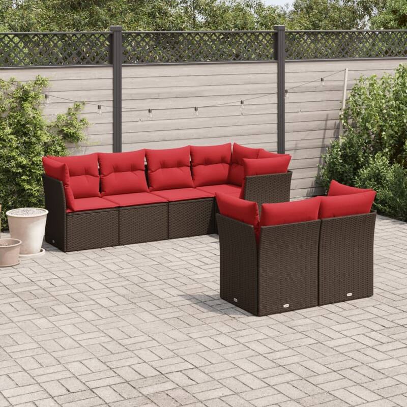 vidaXL 7 Piece Patio Sofa Set with Cushions Brown/Gray Poly Rattan - 21.7 x 24.4 x 27.2