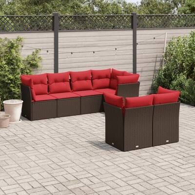 vidaXL 7 Piece Patio Sofa Set with Cushions Brown/Gray Poly Rattan - 21.7 x 24.4 x 27.2