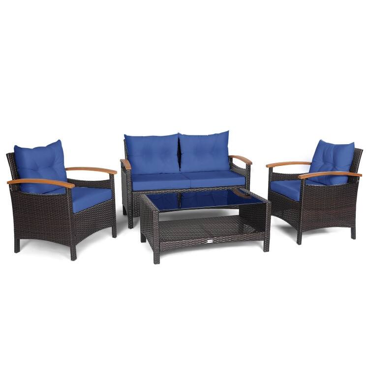 4 Pieces Patio Rattan Furniture Set with Cushioned Sofa and Storage Table - 46.5" x 23.5" x 30" (L x W x H)