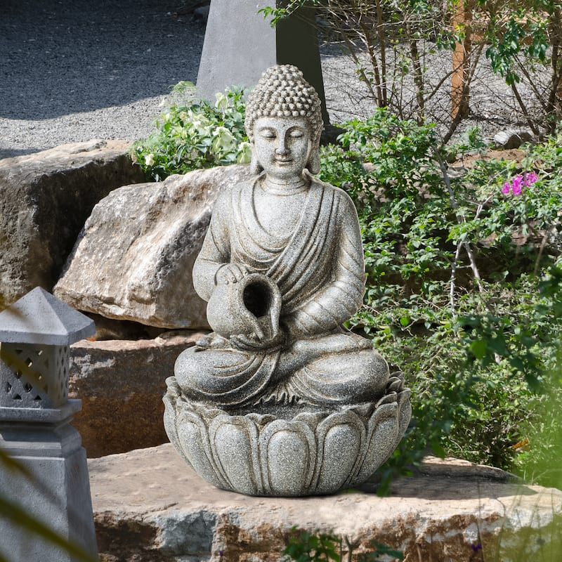 Glitzhome Polyresin Meditating Buddha Frog/Elephant Statue Outdoor Water Fountain with LED Lights